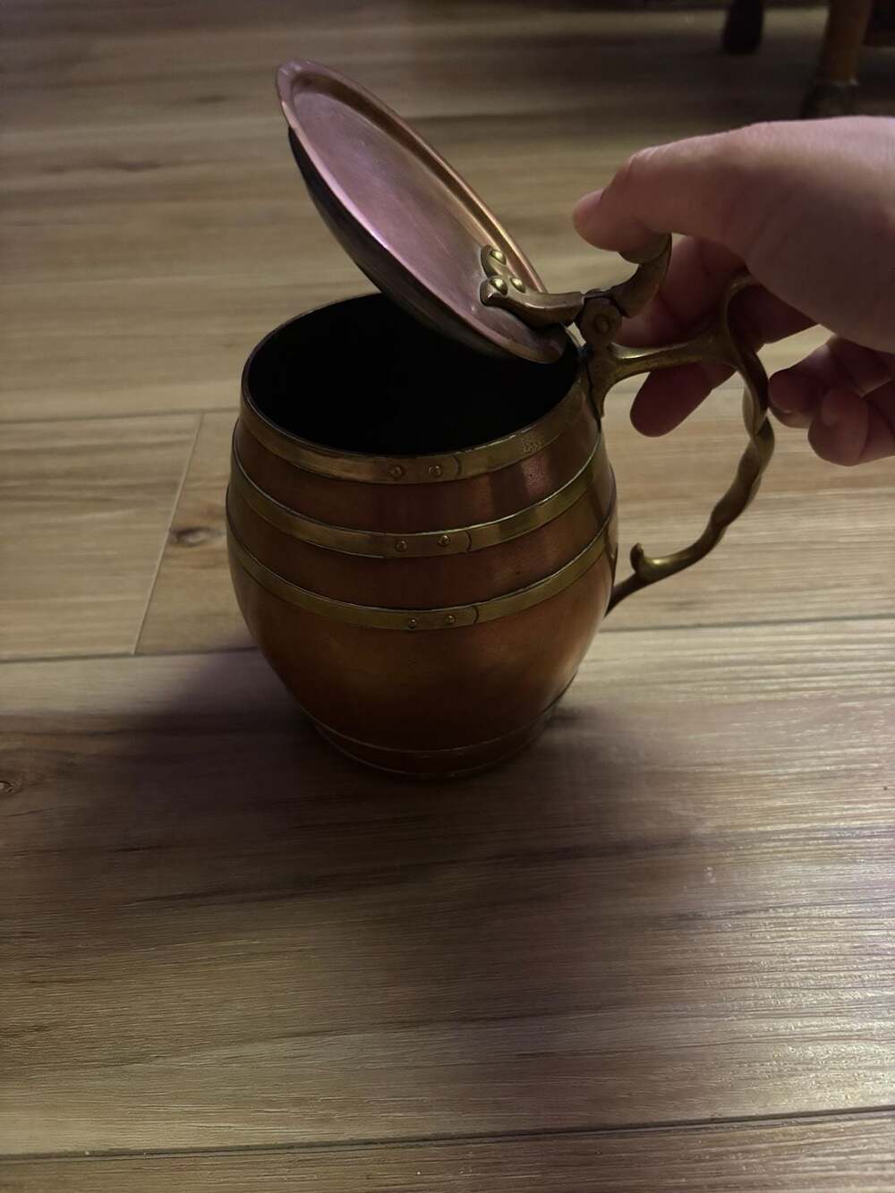 Vintage Copper and Brass Barrel Style Hinged Lid Stein Tankard - Picture 2 of 6